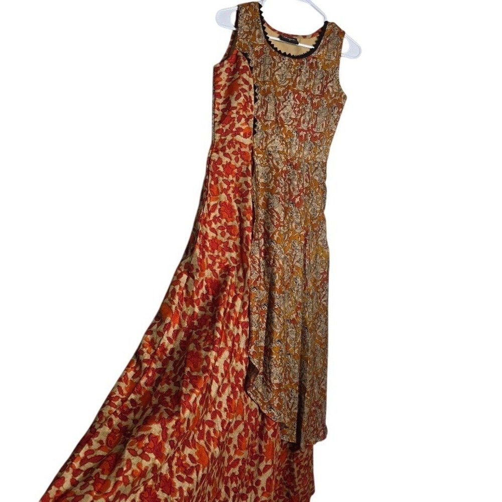 Aayushi Maxi Dress Orange Tan Sleeveless Round Neck Ethnic Print Women's Small